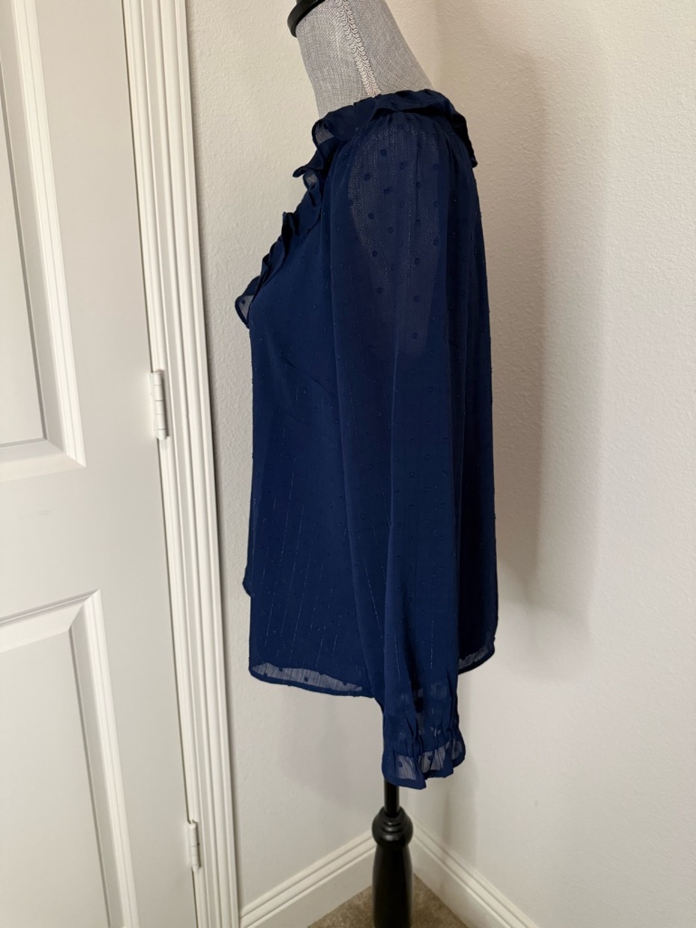 J. Crew Navy Ruffle V-Neck Long Sleeve Blouse - Picture 3 of 13